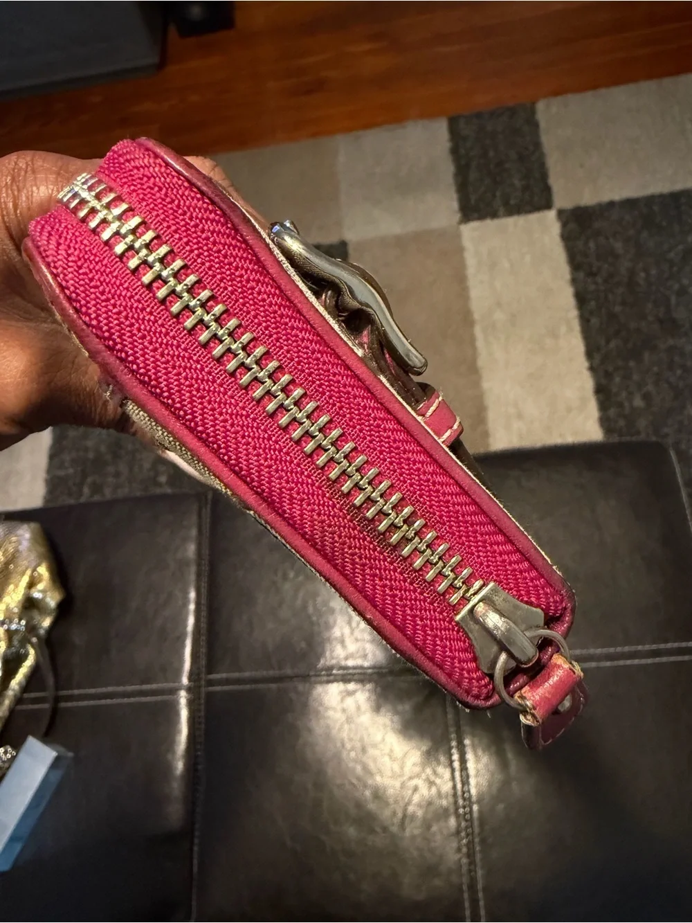 Coach Signature Buckle Accordion Zip Wallet Pink Leather Trim